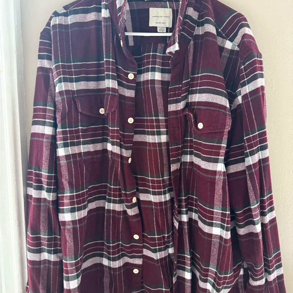 American Eagle Burgundy and White Plaid Flannel